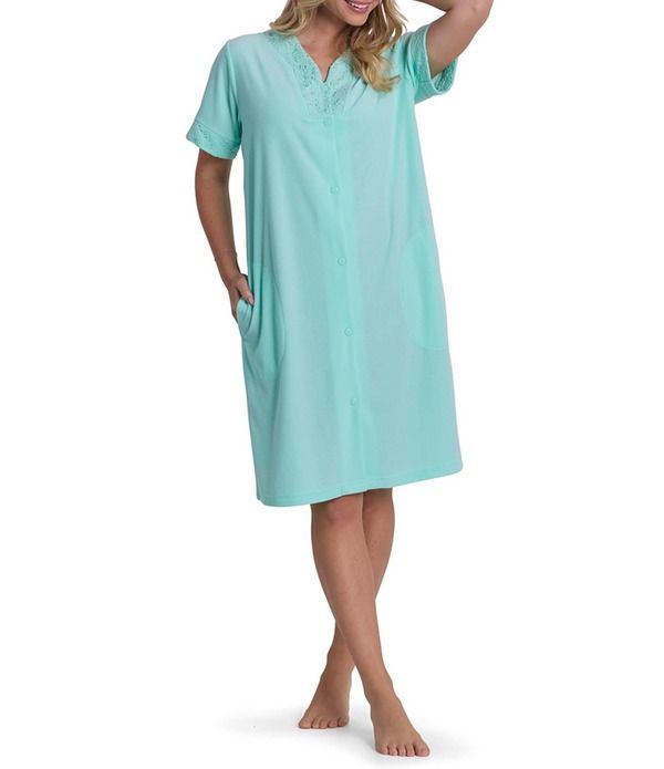ミス エレーン レディース アンダーウェア ナイトウェア Vネック パイル ニット Miss Elaine Solid Terry Knit Short Sleeve VNeck Short Snap Robe Seaside Aqua アクア