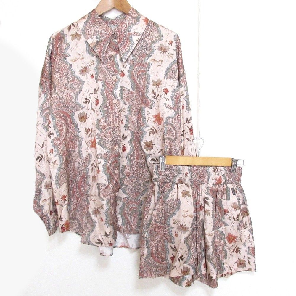 美品 24SS ALLSAINTS オールセインツ CHARLI CASCADE ロングスリーブ シャツ ショートパンツ セットアップ サイズ4 ピンクベージュ レディース 古着 中古 USED