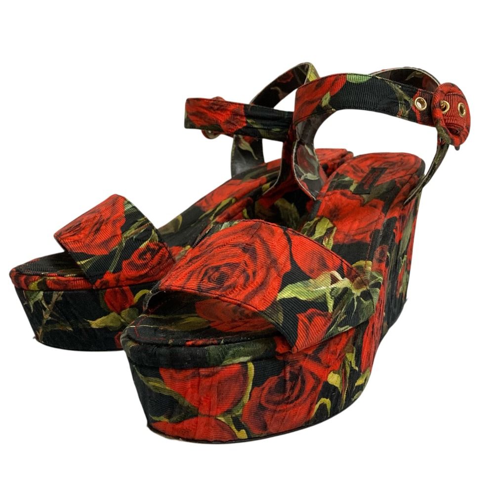 良品 DOLCE&GABBANA ドルチェ＆ガッバーナ ローズプリント プラットフォーム 厚底 ストラップサンダル 38 約25cm レッド ブラック レディース 古着 中古 USED
