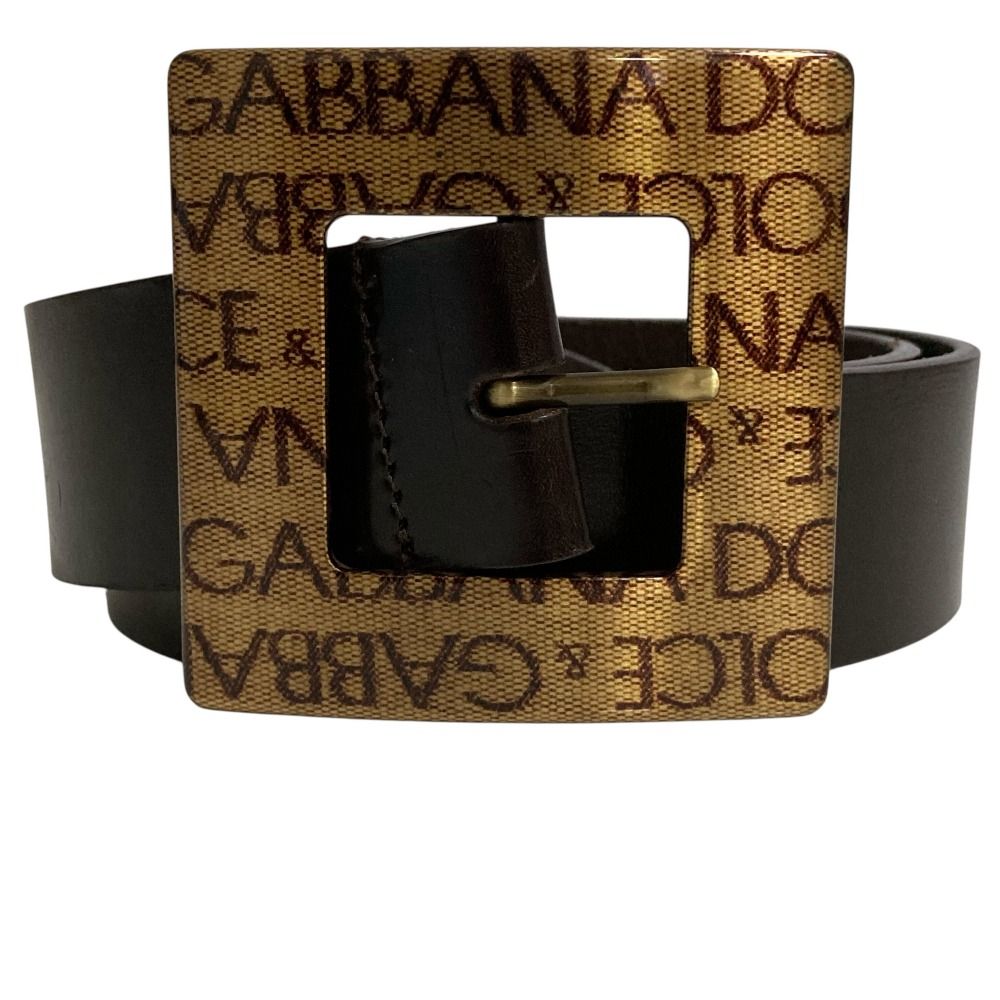 良品 DOLCE&GABBANA ドルチェ＆ガッバーナ ロゴ スクエアバックル レザー ベルト 90cm 36インチ ブラウン メンズ 古着 中古 USED