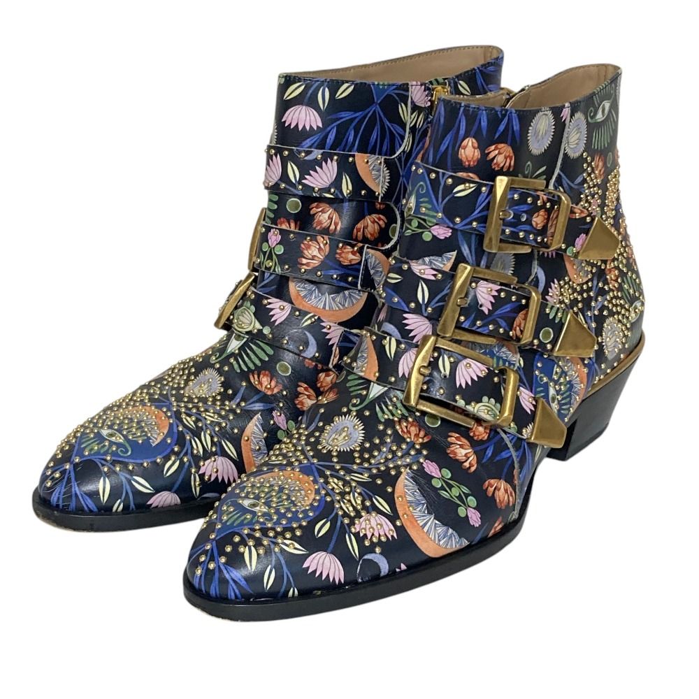 良品 Chloe クロエ Susanna フラワー スタッズ レザーアンクルブーツ サイズ36 23cm ブラックマルチカラー レディース 古着 中古 USED