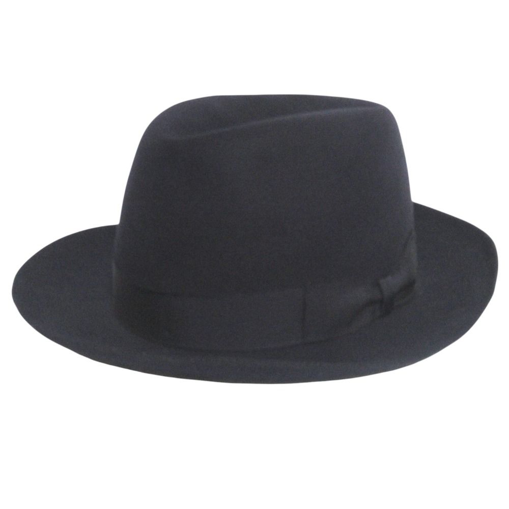 美品 Borsalino ボルサリーノ リボン フェルト 中折れハット 帽子 サイズ7 1/4 ネイビー メンズ 古着 中古 USED