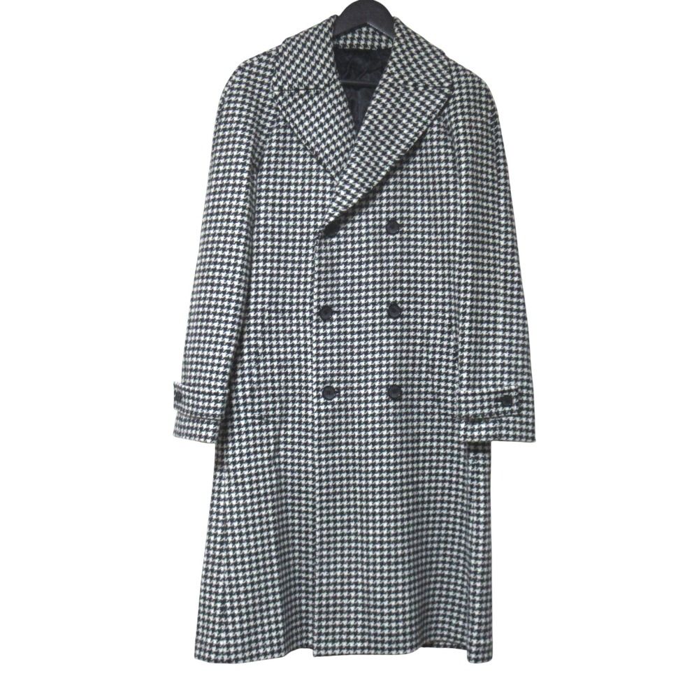 美品 Belvest ベルベスト ハウンドトゥース 千鳥格子柄 ダブルブレスト ウール チェスターコート サイズ44 ブラック ホワイト メンズ 古着 中古 USED
