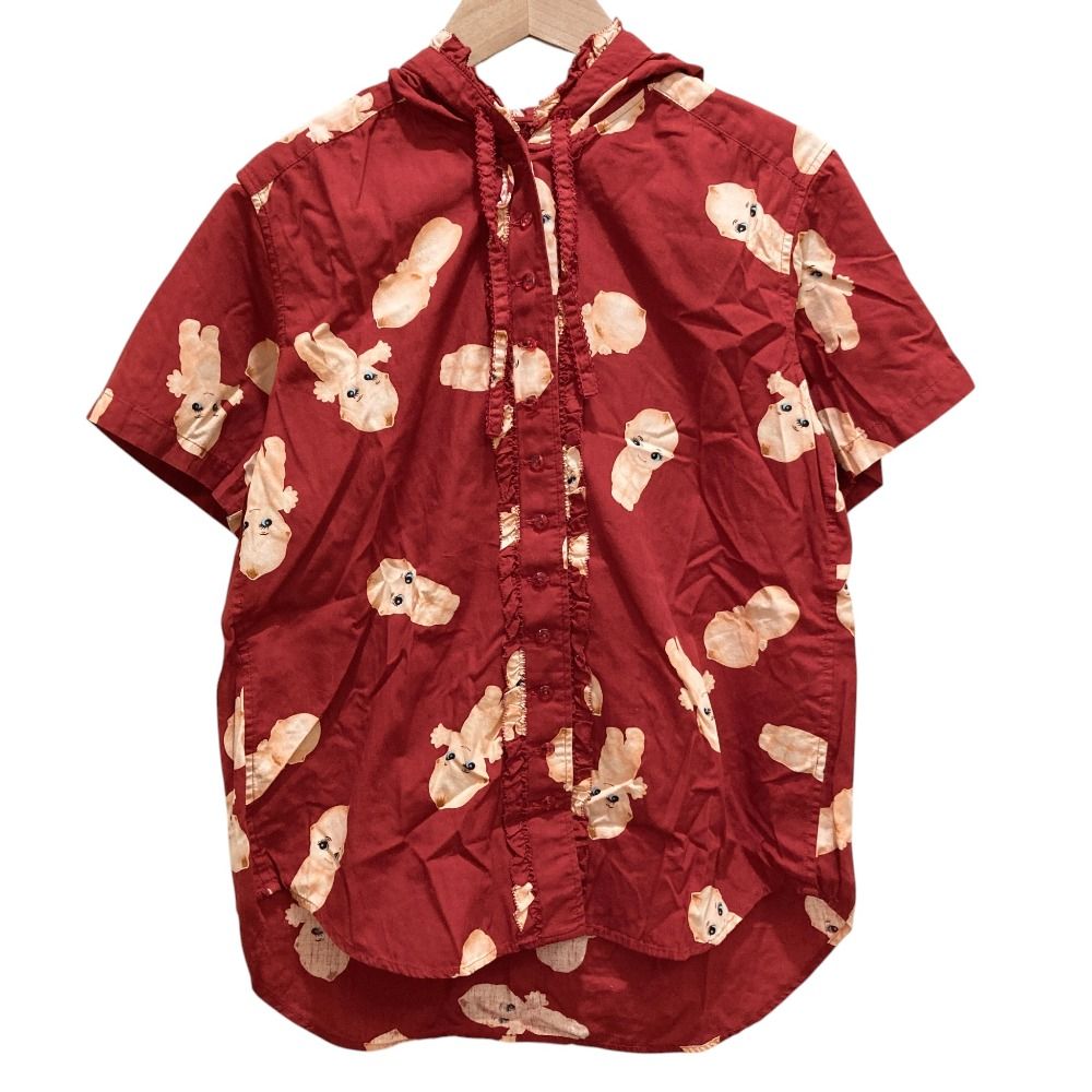 美品 PINK HOUSE ピンクハウス キューピー ショートスリーブ フーディ フリル シャツ ブラウス Mサイズ レッド レディース 古着 中古 USED