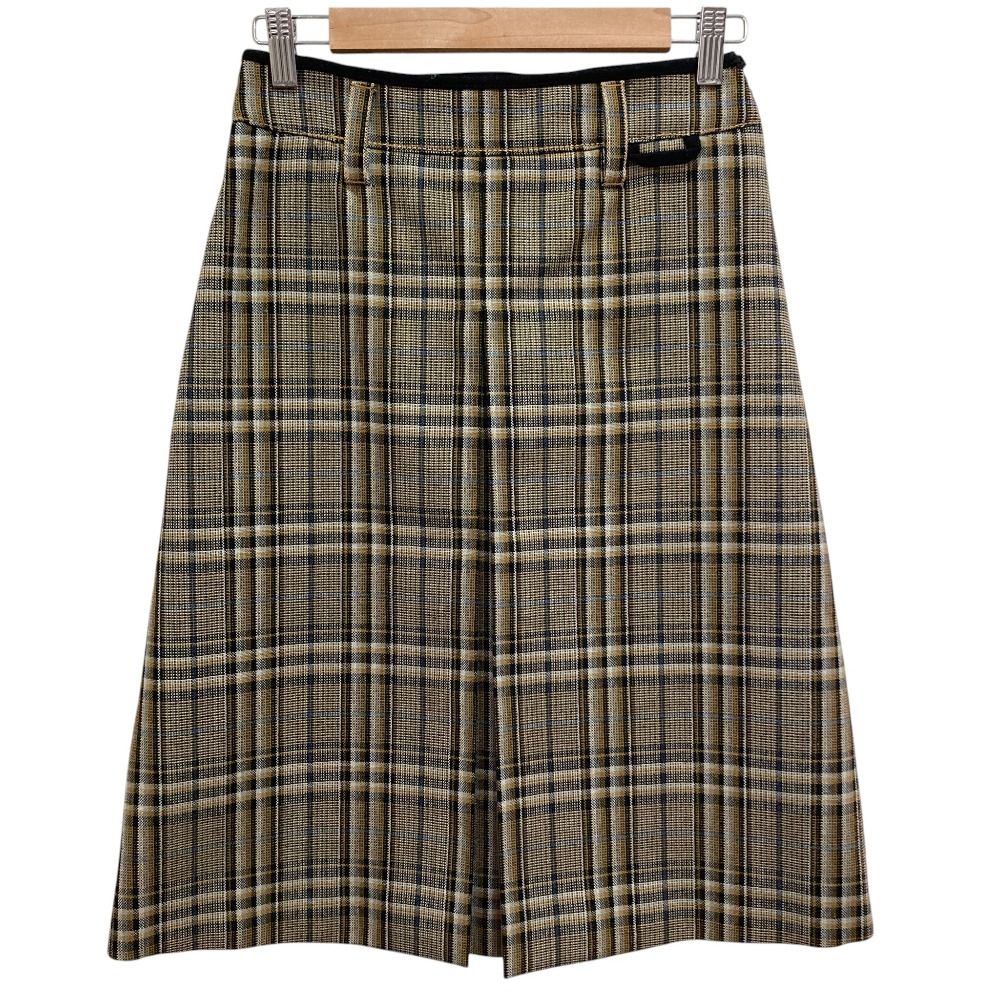 美品 PRADA プラダ チェック柄 ウール フロントタック ミディスカート 38 カーキ マルチカラー レディース 古着 中古 USED