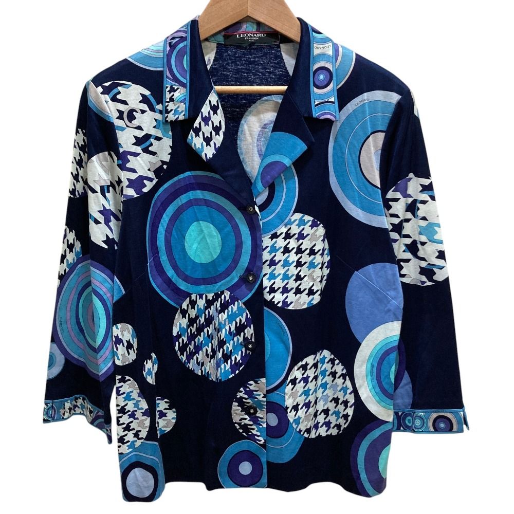 美品 LEONARD FASHION レオナールファッション 総柄 オープンカラー ブラウス シャツ LLサイズ ブルー ブラック レディース 古着 中古 USED