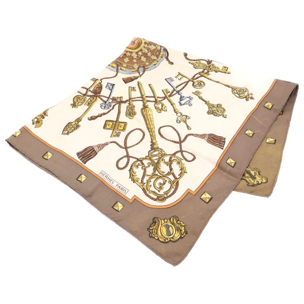 HERMES 鍵柄 キースカーフ HERMES (エルメス) カレ90 Key Pattern Scarf 鍵柄スカーフ カーキ