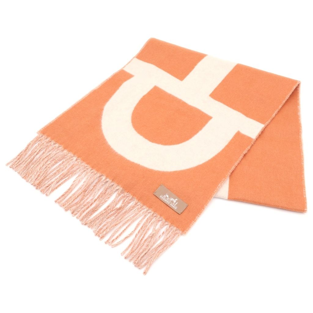 HERMES (エルメス) グランモール カシミヤ フリンジ マフラー オレンジ/ベージュ