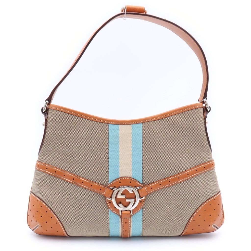 GUCCI (グッチ) ■ショルダーバッグ インターロッキングG ブラウン ジャガード×レザー 114877