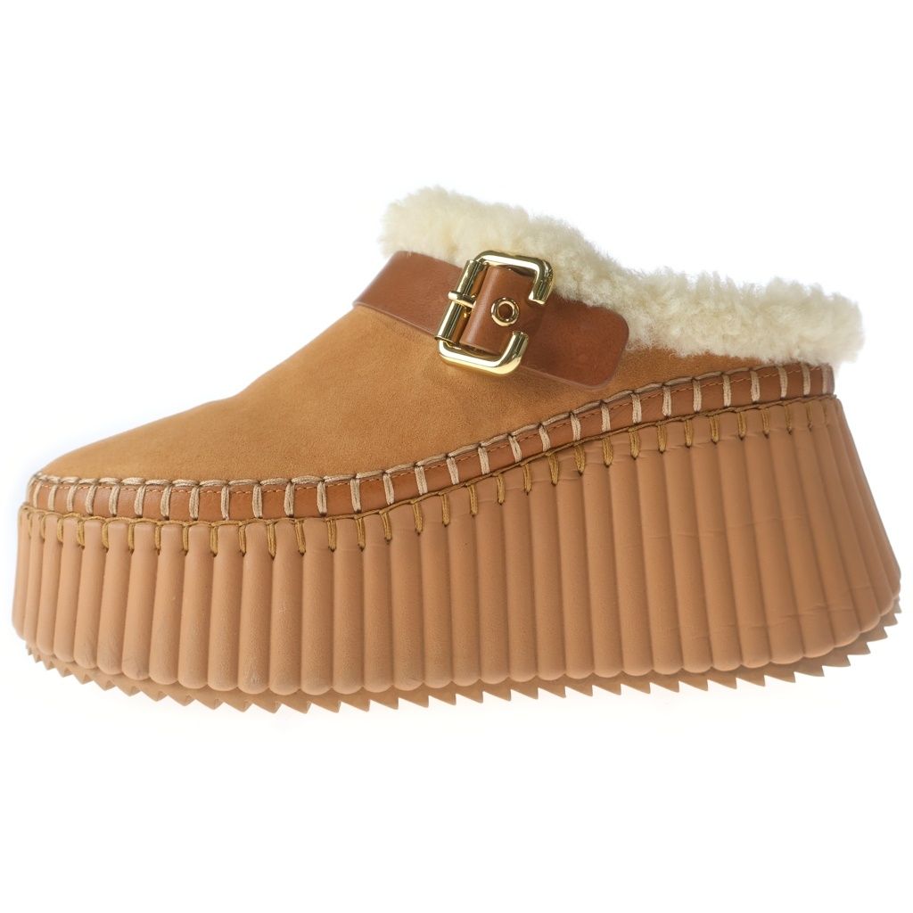Chloe (クロエ) 厚底スエードレザー ウェッジミュール スリッポン ボアシューズ #39