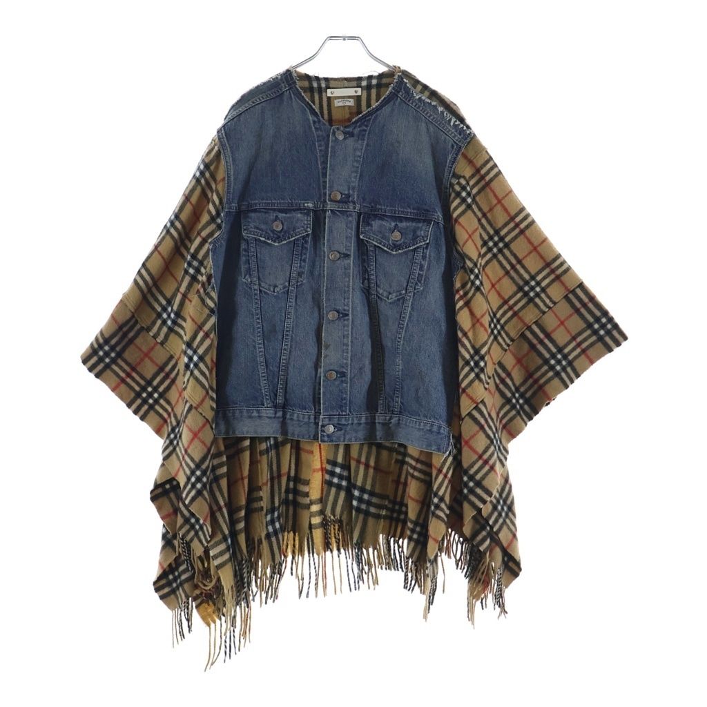 MINEDENIM (マインデニム) 21AW ×OLD PARK DENIM TRUCKER JKT PONCHO オールドパーク デニム切り替え ノバチェックポンチョ インディゴ/ブラウン MND-21AWOP002-85-002