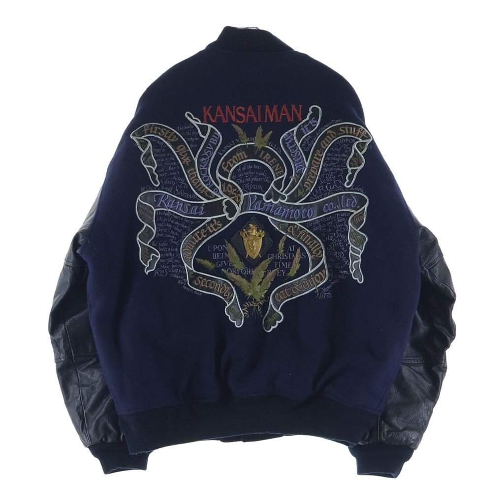 NO BRAND (ノーブランド) KANSAIMAN（カンサイマン）山本寛斎 90S 袖レザー ウール 刺繍 スタジャン ジャケット ブルゾン ブラック/ネイビー
