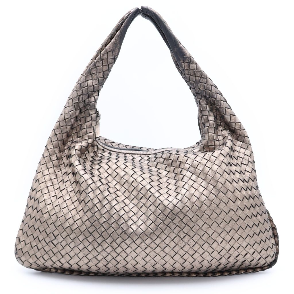 BOTTEGA VENETA (ボッテガヴェネタ) イントレチャート ワンショルダーバッグ ハンドバッグ トートバッグ メタリックゴールド×ブラック レザー シルバー金具