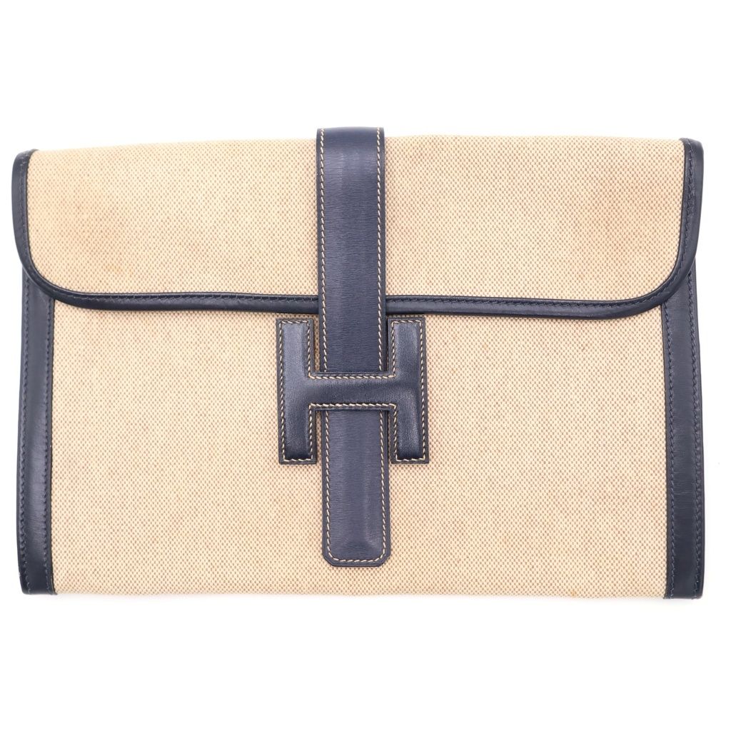 HERMES (エルメス) ジジェ セカンドバッグ クラッチバッグ ポーチ ケース ネイビー×アイボリー レザー×キャンバス