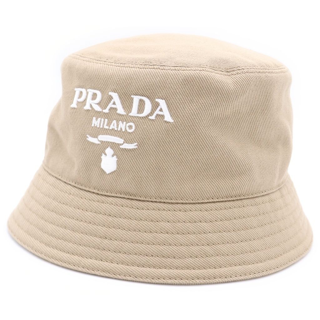 PRADA (プラダ) ロゴ刺繍 ドリル バケットハット 帽子 ベージュ 1HC137 2CXL
