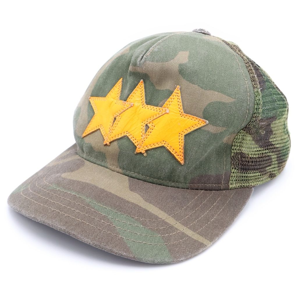 CHROME HEARTS (クロムハーツ) 3STAR TRUCKER CAP スターレザーパッチ スターボール付 カモフラ メッシュ トラッカーキャップ ベースボールキャップ 帽子 カーキ