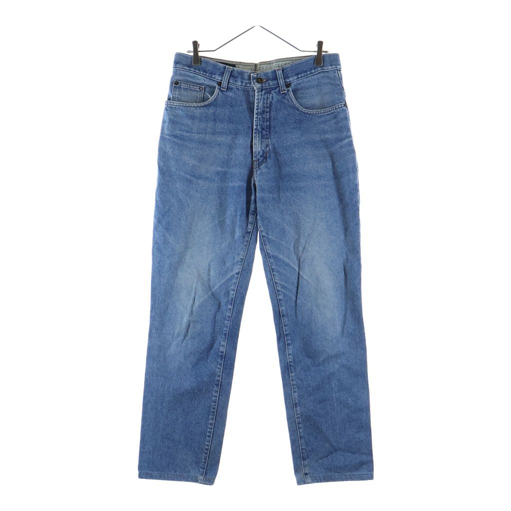 GUCCI (グッチ) レザーパッチ ストレートデニムパンツ ジーンズ インディゴ