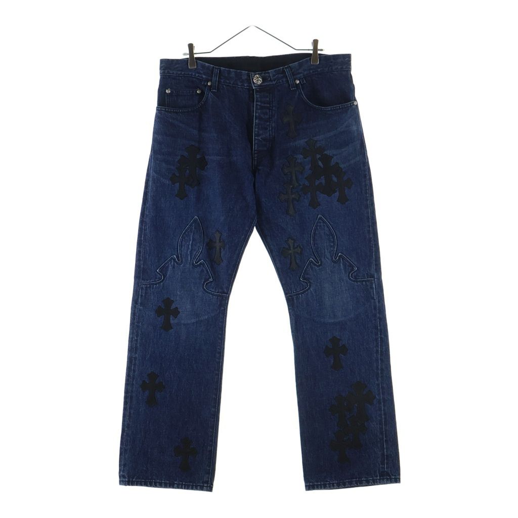 CHROME HEARTS (クロムハーツ) JEAN SL FLEURKNEE クロスパッチ付きフレアニーデニムロングパンツ インディゴ