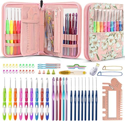 かぎ針 編み針 22本レース針 61点セット 手芸 編み物 毛糸 DIY 工具 帽子 セーター 初心者 編み物手芸 基本入門キット ケース付き 小物付き 段数マーカー リングナイフ 縫い針 巻尺 目数段数計 毛糸針 ケース付きかぎ針編みフック c1ffe020