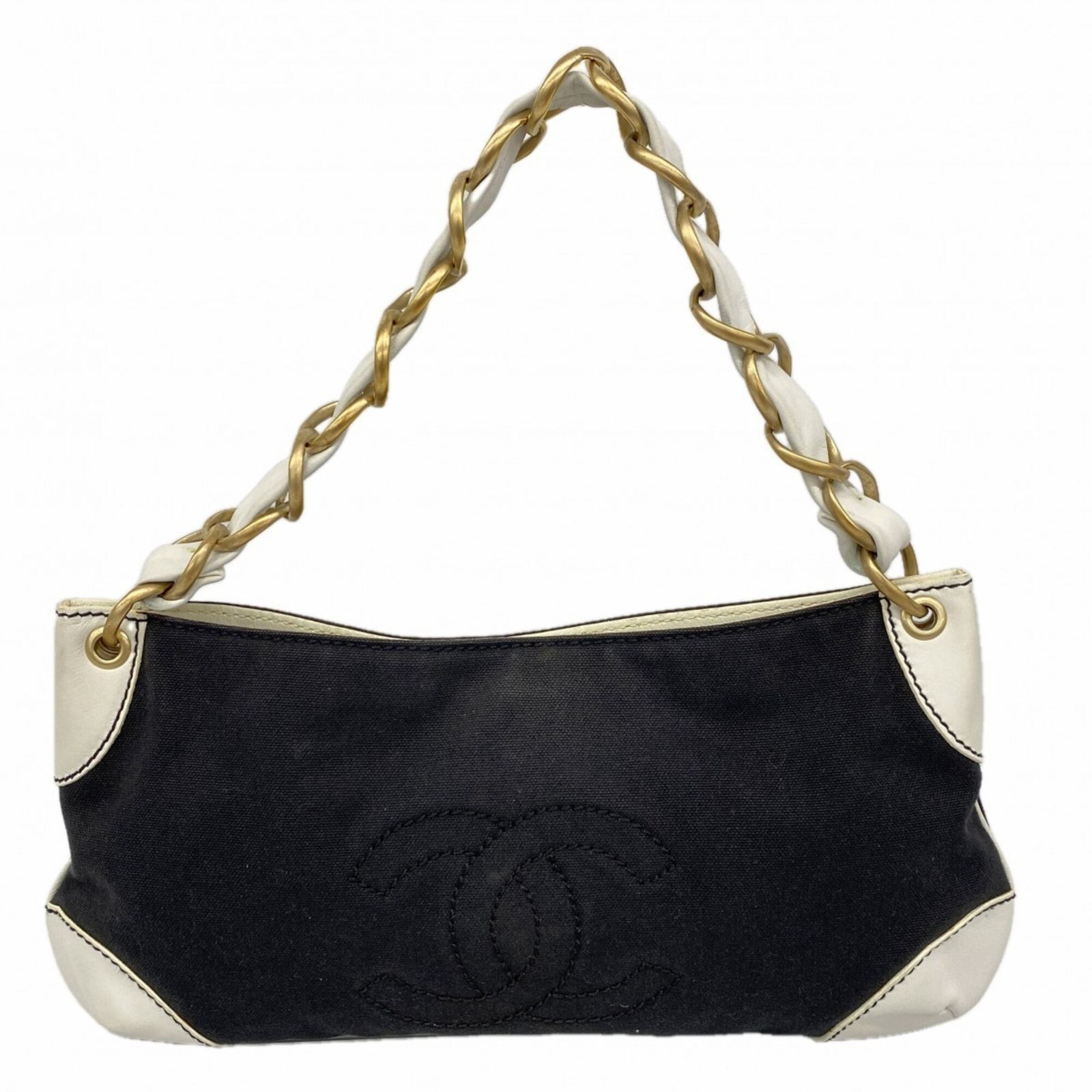 シャネル(Chanel) シャネル ハンドバッグ キャンバス ブラック ホワイト シャンパンレディース