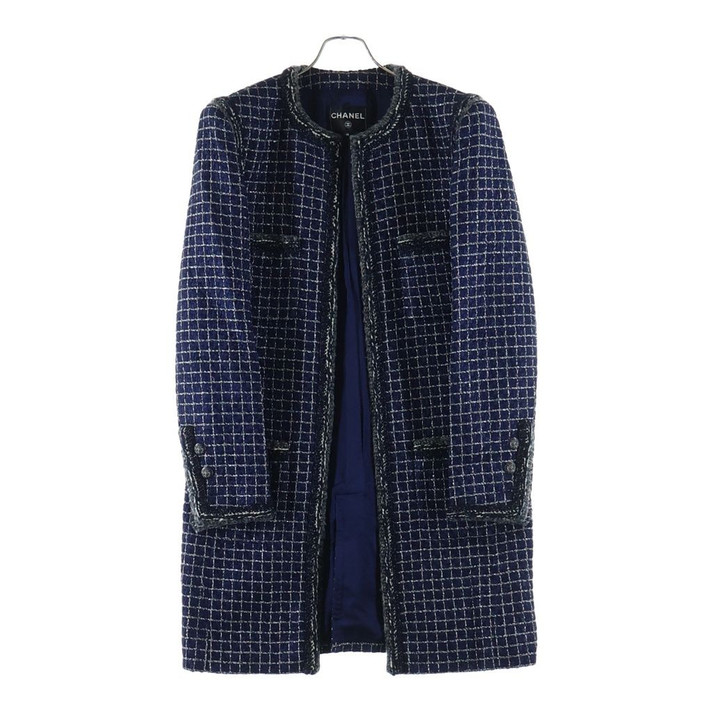 CHANEL (シャネル) ファンタジーツイード ノーカラーロングジャケット ネイビー P56897V31864