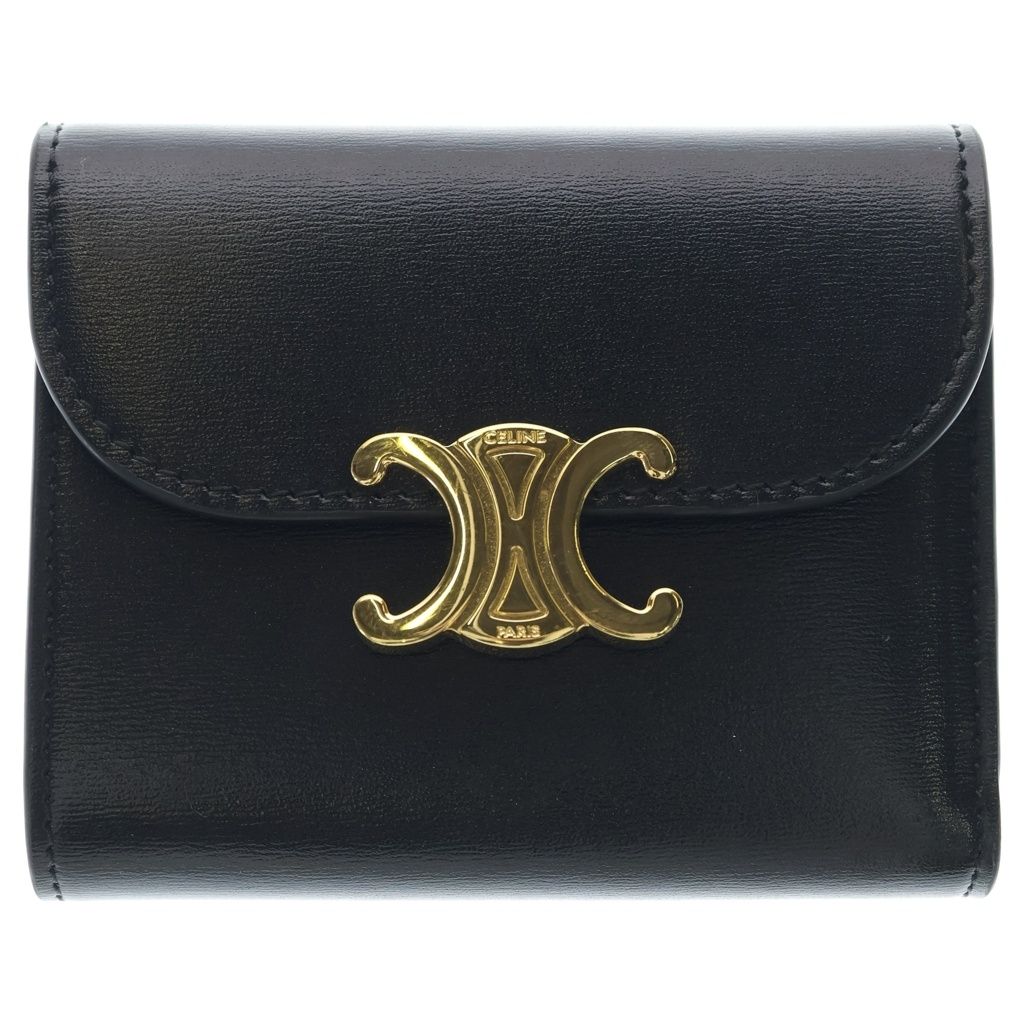 CELINE (セリーヌ) トリオンフ 三つ折り財布 コンパクトウォレット コインケース ブラック カーフスキン レザー ゴールド金具