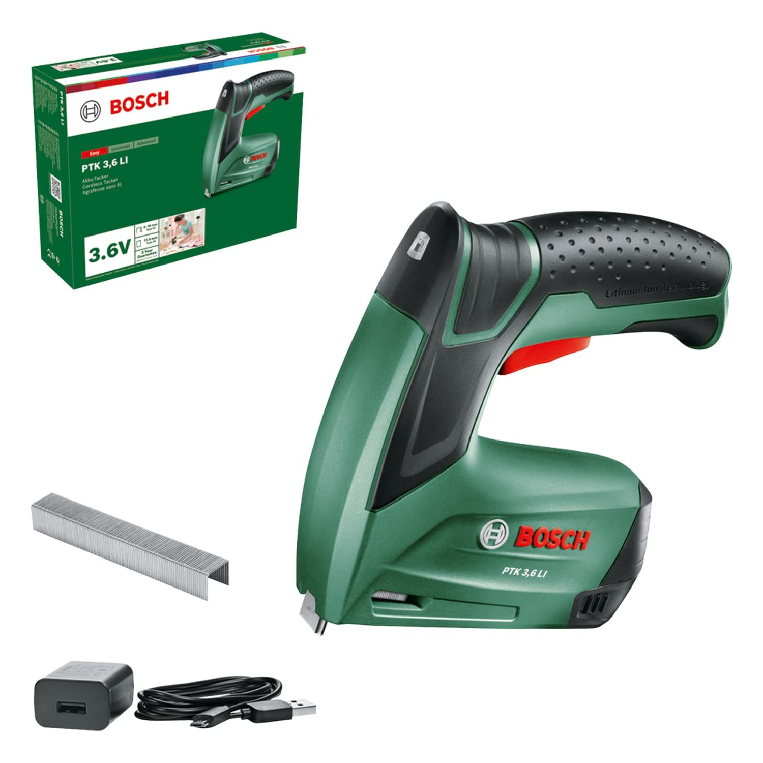 【新品】Bosch DIY(ボッシュ) 3.6Vコードレスタッカー(Micro-USB充電コード(100Vプラグ無し)1個、11.4mmx8mmステープル1000本 付) PTK3.6LIN 5f7c5713