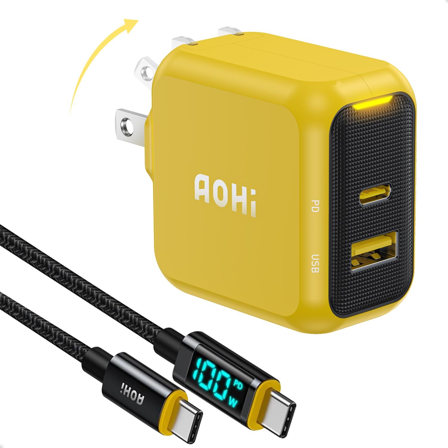 新品 AOHI 急速充電器 67W Type-C 2ポート 液晶ケーブル付属(1.2ｍ) 【Gan+搭載(超小型・高効率充電・過熱防止)/PD PPS/PSE認証/折りたたみ式プラグ/充電ステータスライト】 MacBook pro iPhone Android