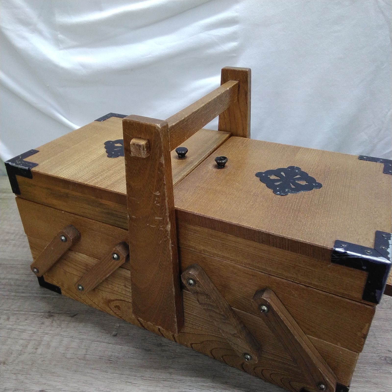 レトロ商品 木製 ソーイングBOX 裁縫箱 小物入れ 縦:約15.5×横:約31×高