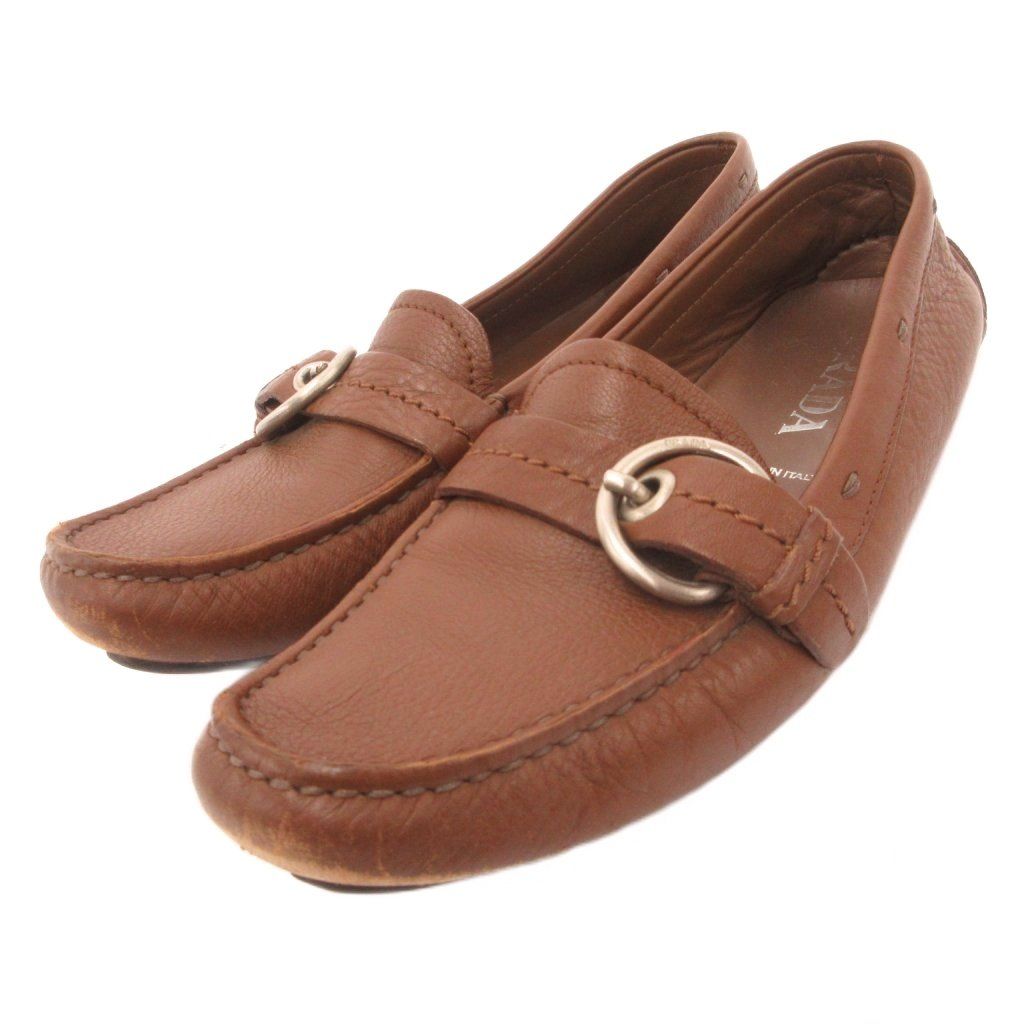 プラダ PRADA ドライビングシューズ ローファー スリッポン レザー シボ革 ベルト 36.5 茶 ブラウン /JS ■IBO93