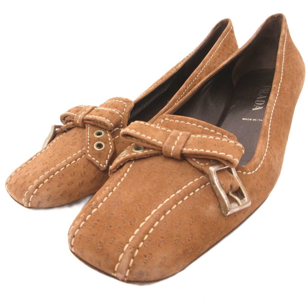 プラダ PRADA パンプス シューズ スクエアトゥ リボンベルト スエード 37 茶 ブラウン /JS ■IBO93