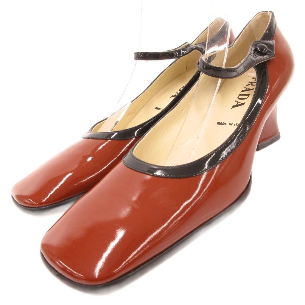 プラダ PRADA パンプス シューズ スクエアトゥ エナメルレザー 38.5 茶 ブラウン /JS ■IBO93