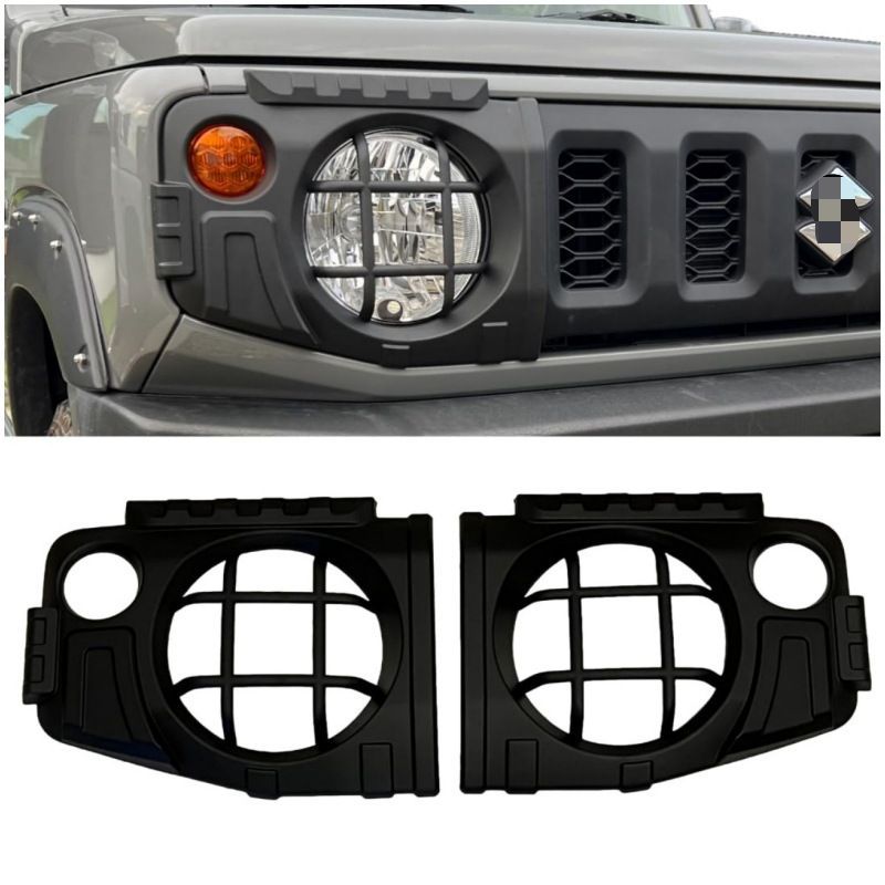 送料無料 スズキ Suzuki ジムニー Jimny JB64 JB74 3ドア 5ドア対応 前大灯罩 ヘッドライトカバー フロントライトカバー ABS製 左右セット ブラック系 外装パーツ 傷防止 ドレスアップ 保護カバー 簡単装着 立体感アップ カスタム感