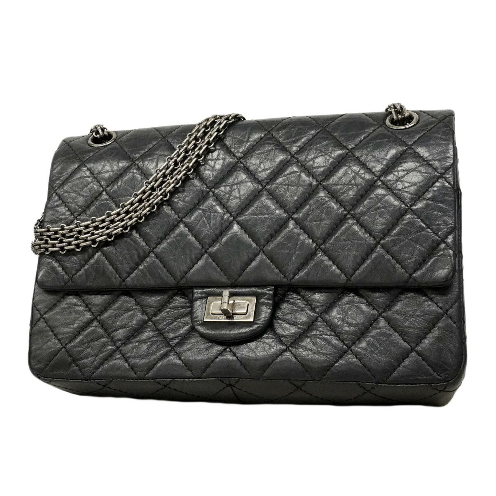 シャネル(Chanel) シャネル ショルダーバッグ 2.55 マトラッセ Wフラップ Wチェーン レザー ブラック レディース