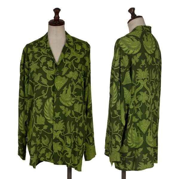 ヨウジヤマモトファムYohji Yamamoto FEMME レーヨンボタニカル総柄プリントオープンカラーシャツ 緑M
