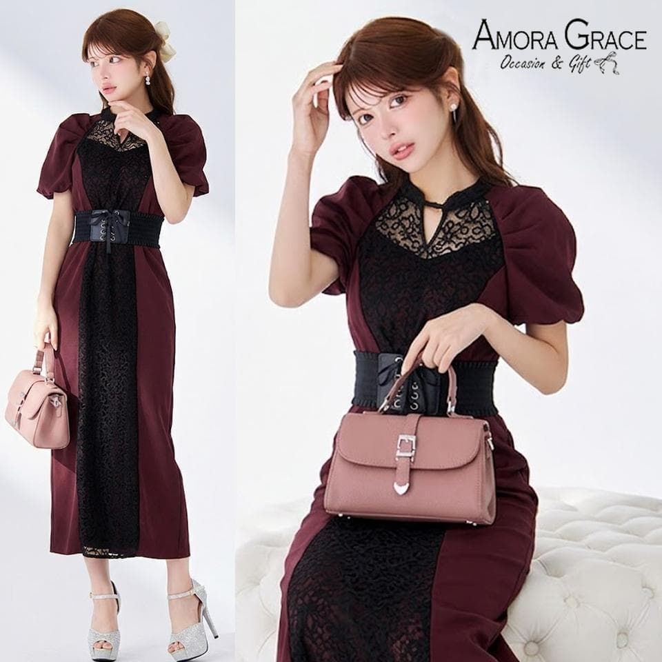 【AMORA GRACE / アモーラグレース】オケージョンドレス sugar パーティードレス/ お呼ばれドレス/ バイカラー/ レース/ ベルト/ 袖あり/ 半袖/ タイト/ ワンピース/ ミモレ丈/ ミディアムドレス/ キャバドレス