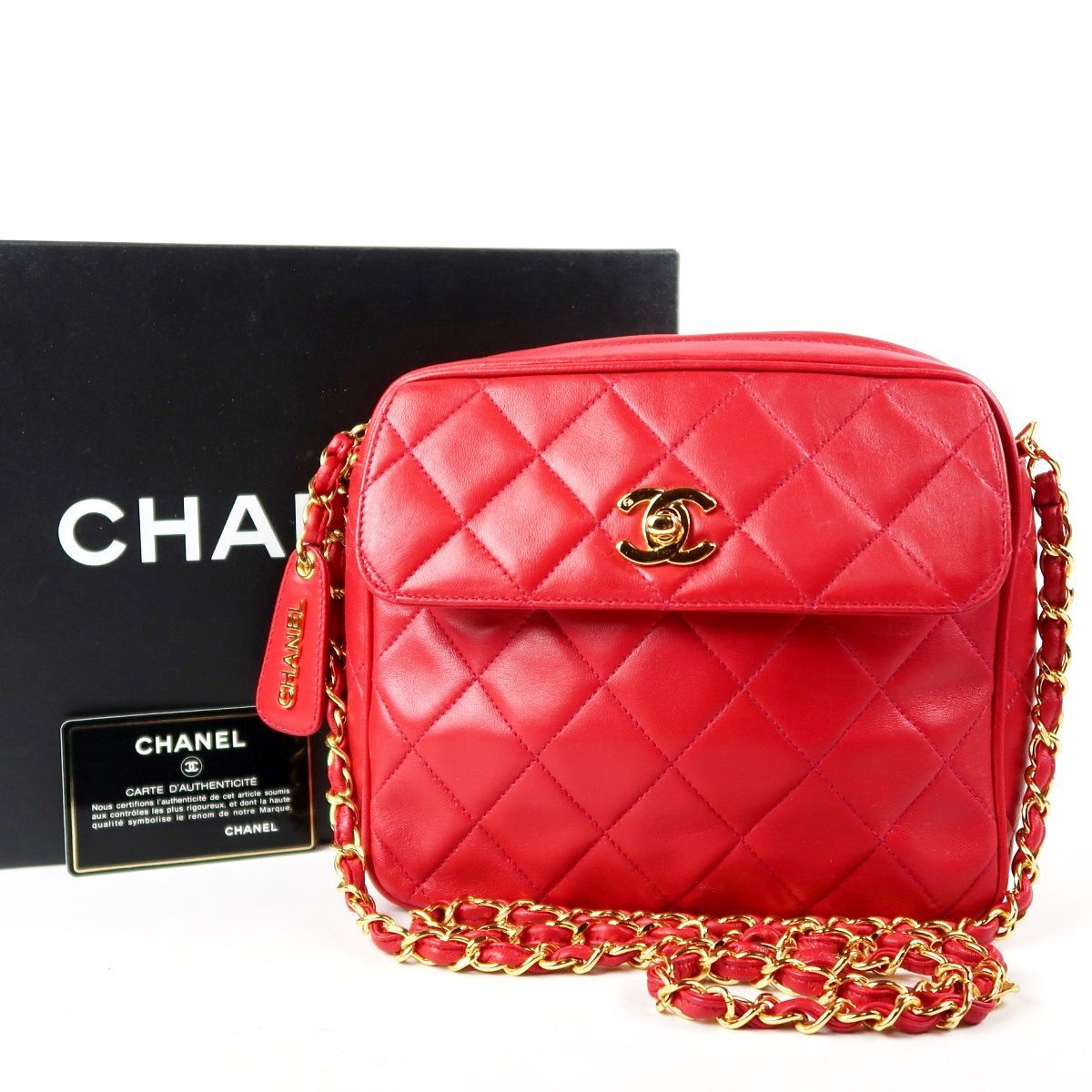 【超美品】CHANEL シャネル ラムスキン マトラッセ チェーンショルダーバッグ ターンロック ゴールド金具【GZ54】