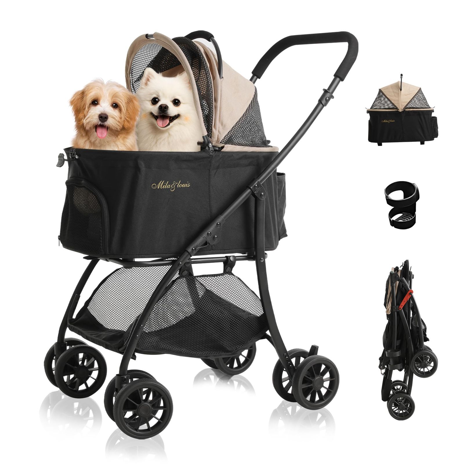4.5KG 超軽量 犬 カート ペットカート 多頭の小型犬&猫 中型犬一匹用 4輪耐摩耗 犬用カート ペットカート 犬 ベビーカー 人気 分離型・全体と折りたたみ式 ペットバギー 前輪360°後輪ブレーキ付 カップホルダー 犬 バギー MILA&LOUIS 耐