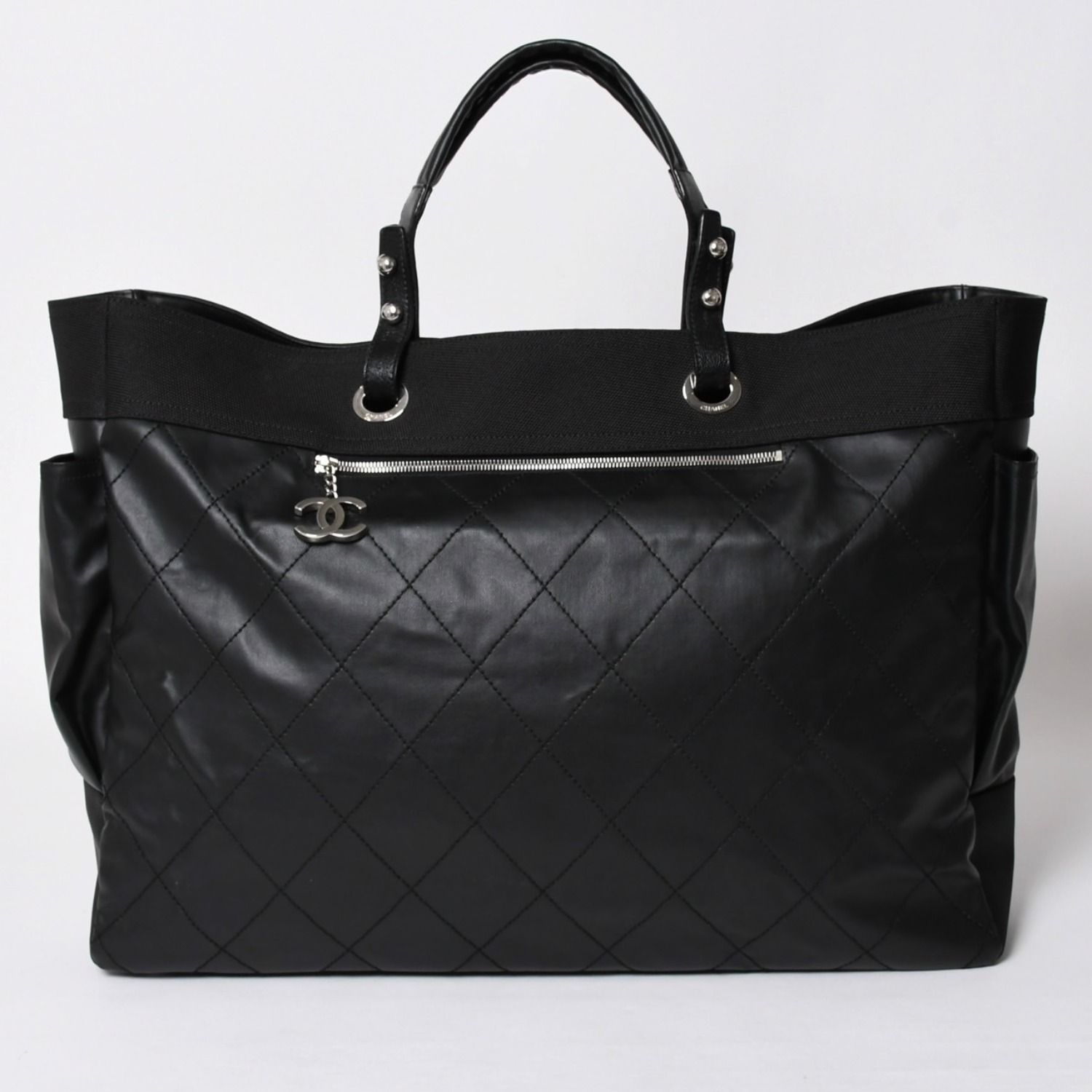 極美品 CHANEL シャネル トートバッグ バリビアリッツトートTGM 11番台 ブラック コーティングキャンバス レザー シルバー金具 中古 4a002884