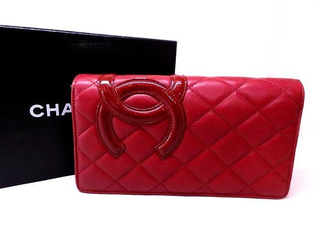 シャネル カンボンライン 長財布 ■ A3256 13番台 ラムスキン レッド マトラッセ ココマーク レディース ２つ折り CHANEL □8E