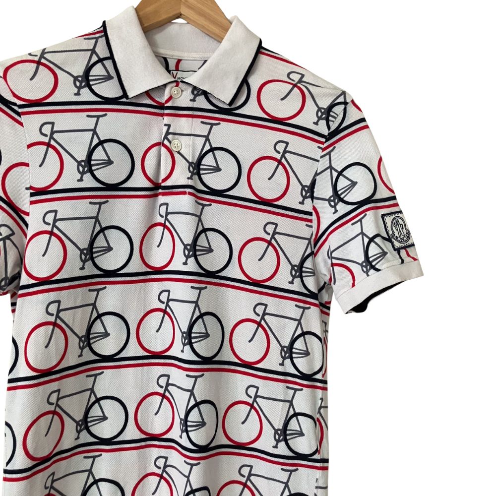 MONCLER GAMME BLEU 自転車柄ポロシャツ M トムブラウン 希少】MONCLER GAMME BLEU 自転車柄 ポロシャツ M トムブラウン