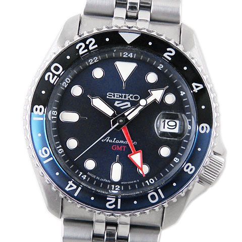 【中古A】セイコー　SEIKO　メンズ腕時計　セイコー5　スポーツ　GMT　SKX series　SBSC003　ブルー　自動巻　シースルーバック
