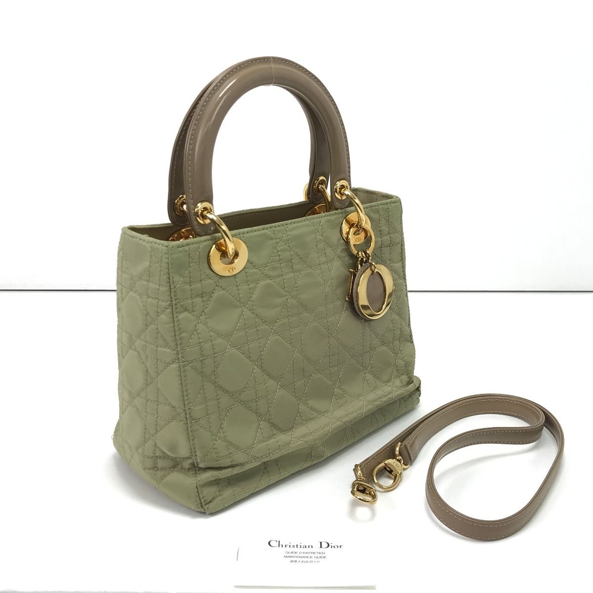 Christian Dior クリスチャンディオール 2WAYショルダーバッグ レディディオール カナージュ ストラップ付 全体的に変色 黄緑
