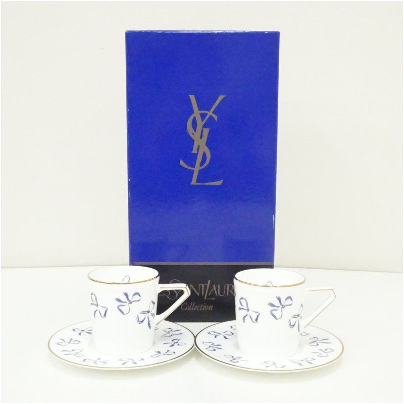 YVES SAINT LAURENT　イヴ・サンローラン　リボン柄カップソーサーペア（箱付） 食器 おしゃれ かわいい お茶 茶器 アンティーク インテリア 普段使い 来客 テーブルウェア