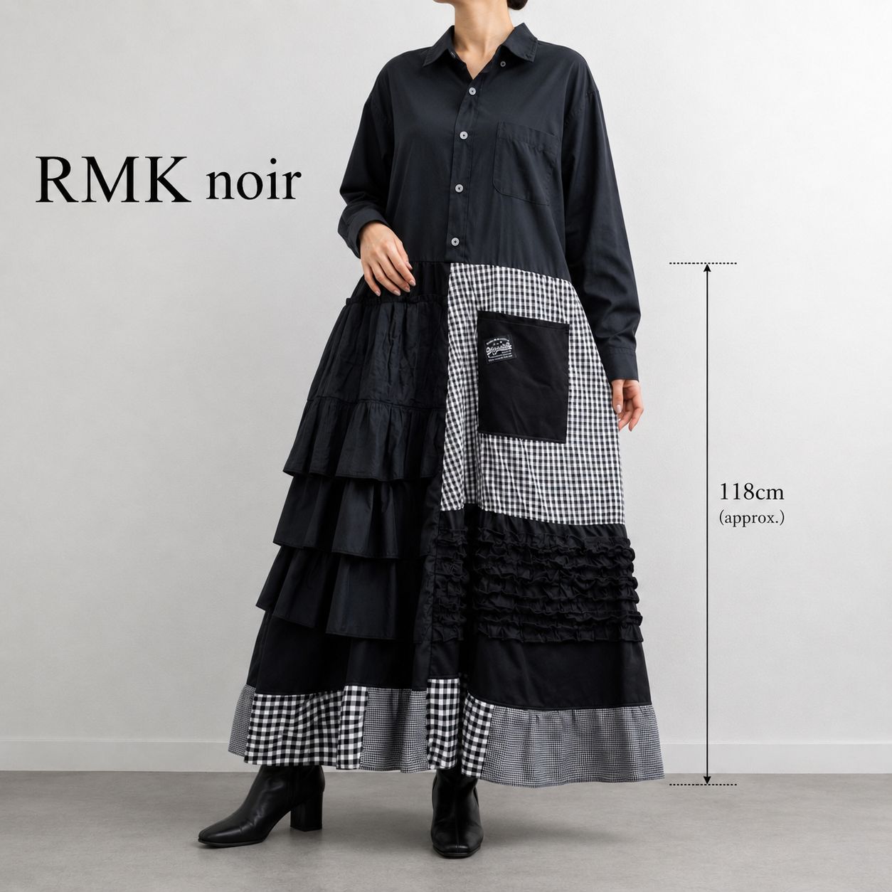 RMK Noir 黒フリルコラージュワンピース 古着シャツリメイク モード系 一点物 レディースM〜L
