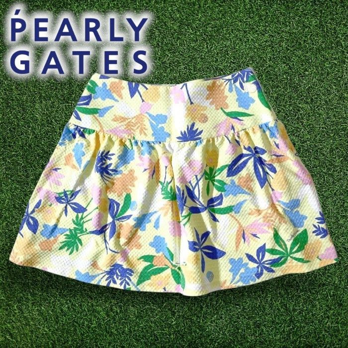 PEARLY GATES パーリーゲイツ ゴルフ 日本製 吸水速乾 サッカーセミジャガード POPボタニカル柄 総柄 ストレッチ ミニスカート フレアスカート ゴルフウェア レディース 055-3234618 定価3万 イエロー ▲031▼60515w07