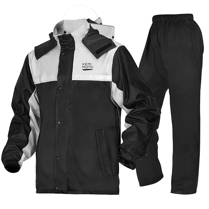 【新品】 [KEMIMOTO] バイク レインウェア レインコート【 IPX6級防水性&耐水圧10000mm 】 上下セット レインスーツ メンズ バイク用レインジャケット カッパ 背中隠し通気口付き 取り外し式フード 透明バイザー 反射ストリップ 自転車 防