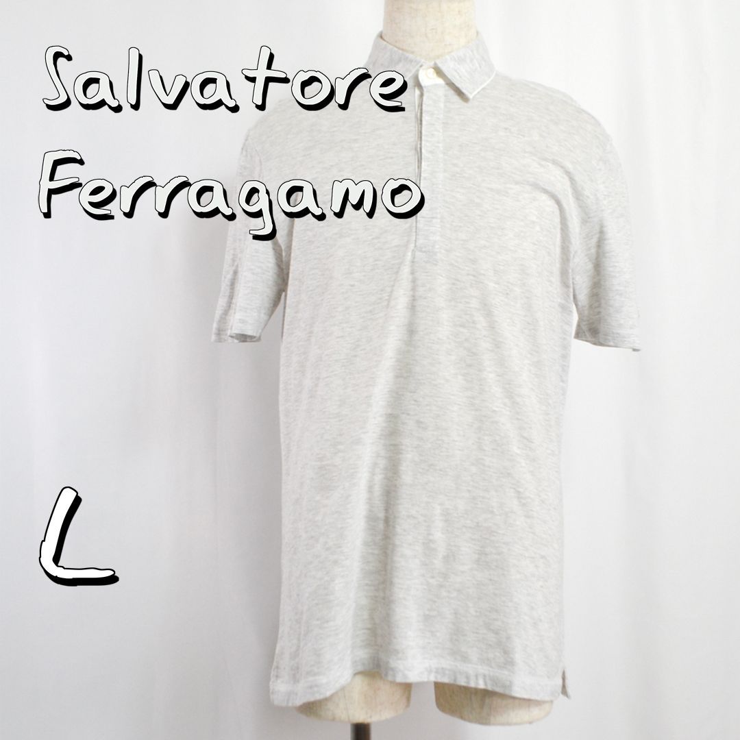 【高級】Salvatore Ferragamoサルヴァトーレフェラガモ イタリア製 半袖 袖ロゴ刺繍 コットンポロシャツ L メランジグレー 杢調 【古着】【中古】【送料無料】