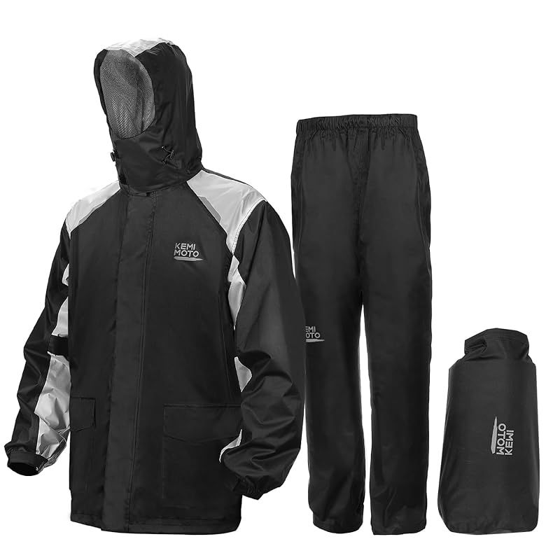 【新品】 [KEMIMOTO] バイク レインウェア レインコート【IPX6級防水性&耐水圧15000mm】 上下セット レインスーツ メンズ バイク用レインジャケット カッパ 反射ストリップ 自転車 防水 雨具 KM1103 ブラック 2XL