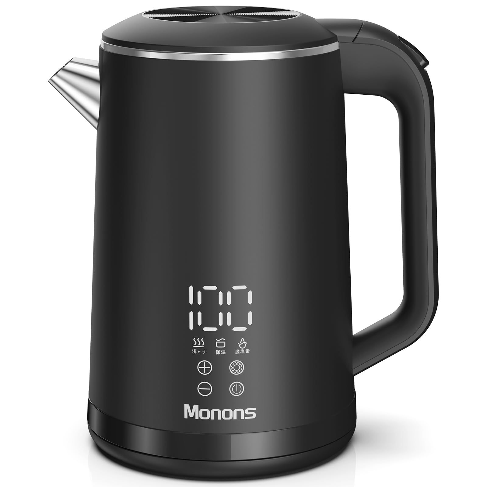 モノンズ(Monons) 電気ケトル 1.6L 99%塩素除去 電気ポット 1100W 急速沸騰 触れても熱くない二重構造 デジタルディスプレイ＆タッチ操作 温度調節 304ステンレス製 脱塩素機能/保温/空焚き防止機能/火傷防止/自動電源オ 81913e43